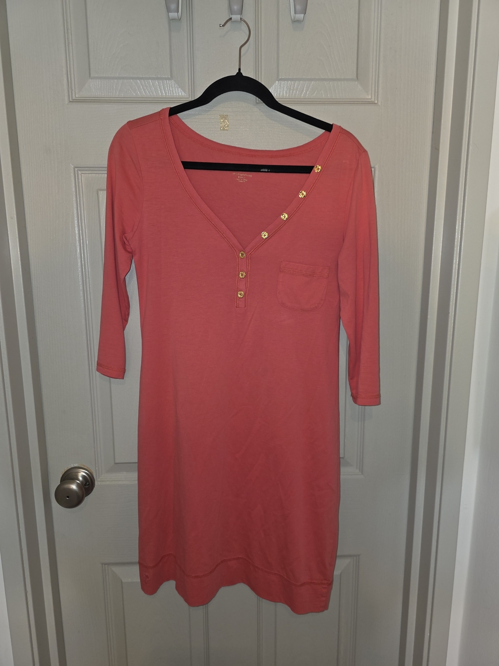 Lilly Pulitzer Coral V-Neck Henley Midi Sleep Dress with Gold Accents